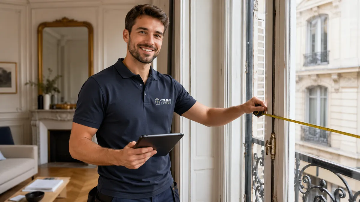 Vitrier professionnel posant un vitrage sur mesure à Carouge